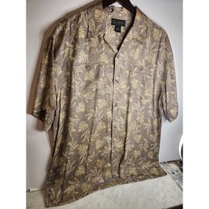Hill & Archer Adult Floral Palm Design Button Down XL Red Gold Short Sleeve Silk